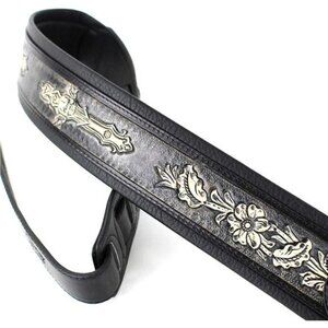 Leather Guitar Strap Black Padded Skull Cross Carved Adjustable for Bass